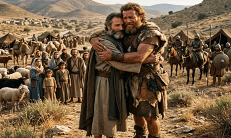 Two men hugging each other.