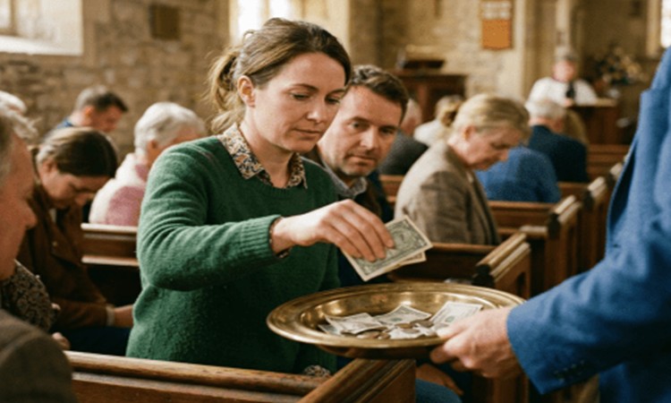 A woman paying tithes at church.