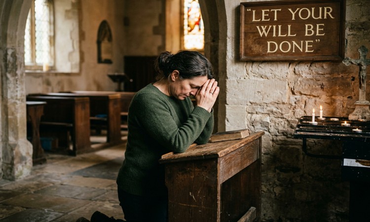 A woman is kneeling and praying.